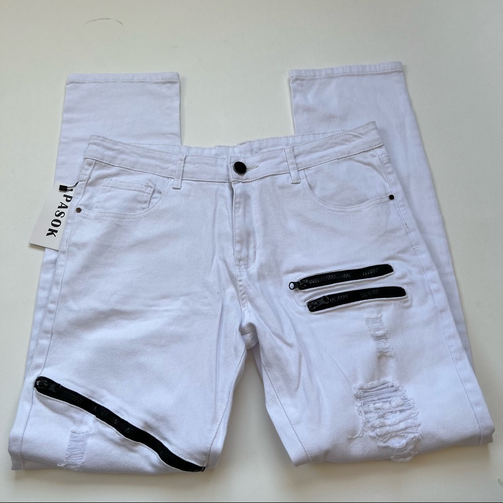 Pasok NWT White Distressed Denim Jeans w/Black Trim Detail Size 32